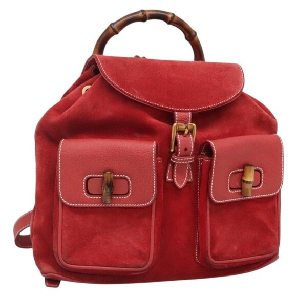 GUCCI Bamboo Backpack Suede Red Gold 003 2058 0016 Auth 136160 - Picture 1 of 16
